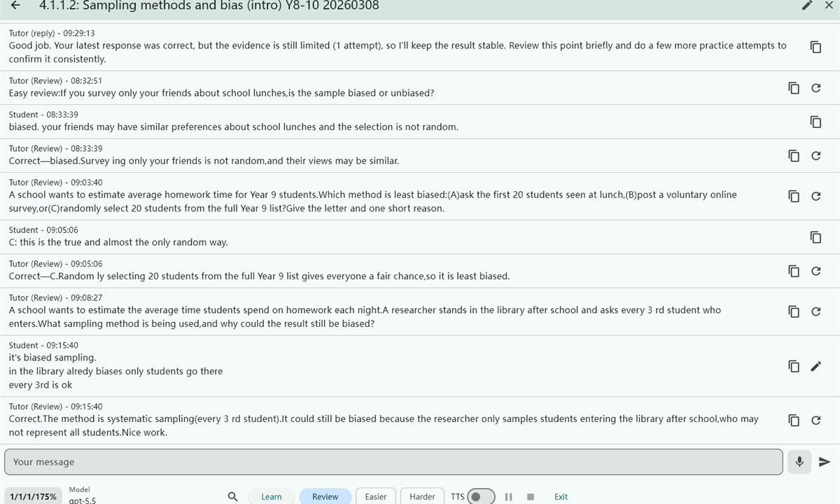 Tutor1on1 tutor conversation session with targeted feedback and next practice
